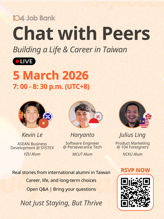Live on March 5 (Thursday): Building a Life & Career in Taiwan (104 Job Bank)Image